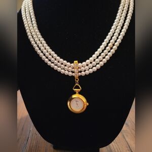 Vintage Fabergé triple-strand faux pearl Necklace With Watch pendant